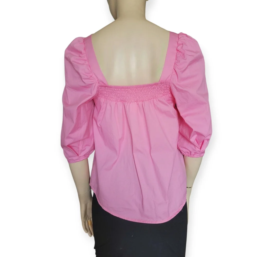 Smocked Peasant Blouse With Puff Sleeves Cotton Pink Small Cottagecore - Picture 5 of 14